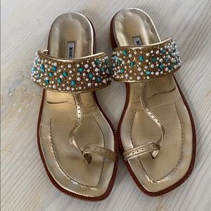 Manolo Gold Pearl/Turquoise/Beaded Susa Sandals